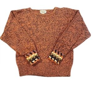 VINTAGE Villager Orange Crew‎ Neck Sweater with Geometric Patterned Cuffs Med.